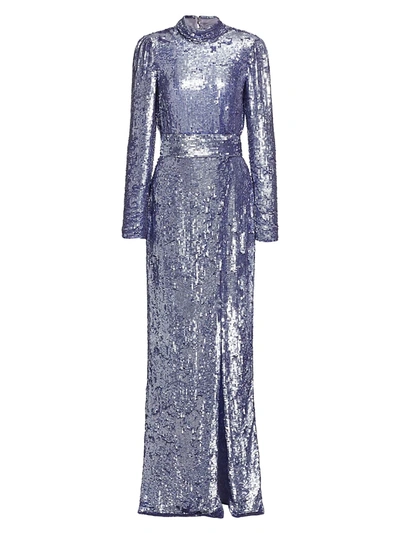 Shop Monique Lhuillier Embellished Cowlneck Slit Sequin Gown In Lavender