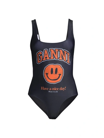 Shop Ganni Smiley Face One-piece Swimsuit In Black