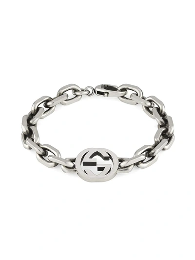 Shop Gucci Interlocking Gg Stainless Steel Bracelet In Silver