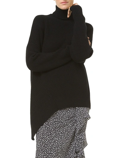 Shop Michael Kors Asymmetric Hem Silk Knit Turtleneck In Black