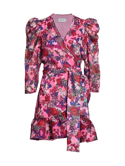 Shop Tanya Taylor Sasha Floral Puff-sleeve A-line Wrap Dress In Floral Neon Pink Multi