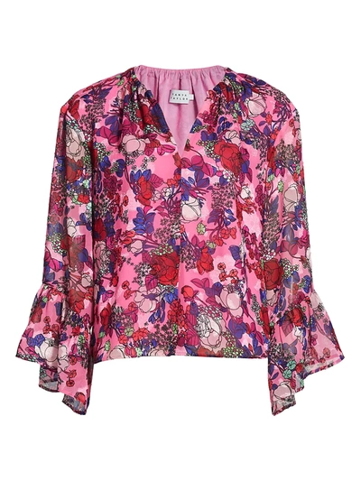 Shop Tanya Taylor Harper Floral Bell-sleeve Top In Floral Neon Pink Multi