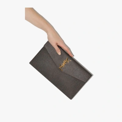 Shop Saint Laurent Grey Uptown Leather Clutch Bag