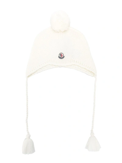 Shop Moncler Logo Knitted Beanie In White