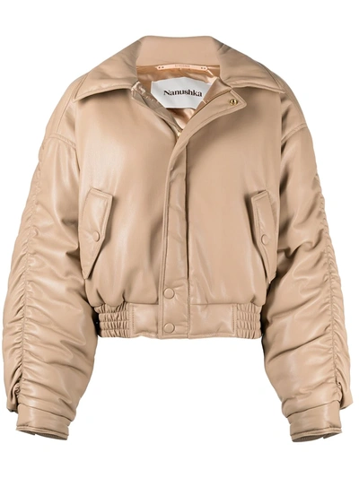 Shop Nanushka Ruched-sleeve Bomber Jacket In Neutrals