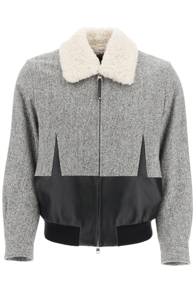 Shop Alexander Mcqueen Tweed Bomber Jacket With Shearling Collar In Grey Black (grey)