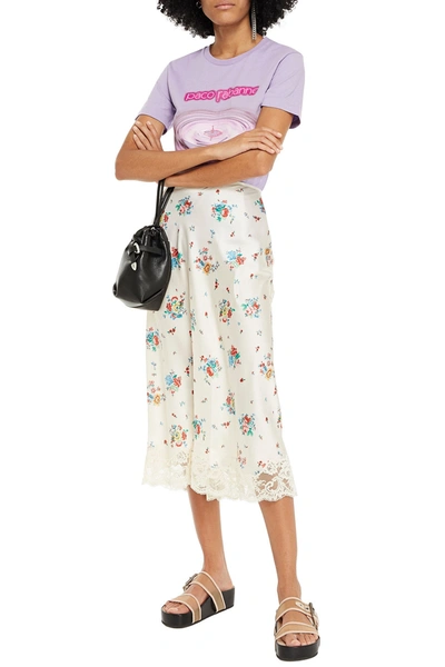 Shop Paco Rabanne Lace-trimmed Floral-print Satin Midi Skirt In Cream
