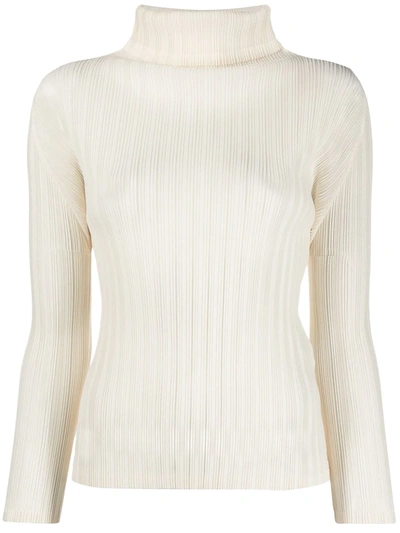 Shop Issey Miyake Pleated Roll Neck Top In Neutrals