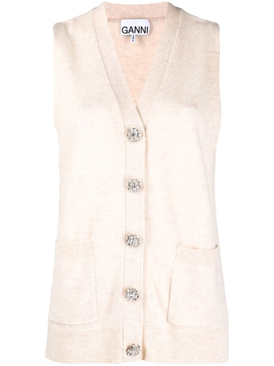 Shop Ganni Buttoned Fine-knit Sweater Vest In Neutrals