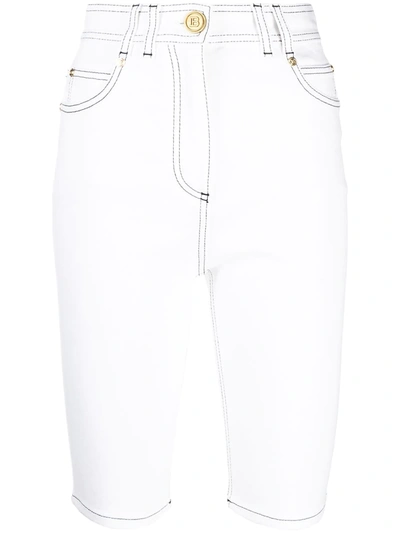 Shop Balmain Contrast-stitch Knee-length Shorts In White