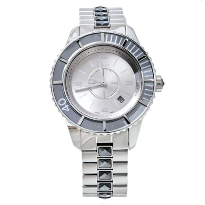 Pre-owned Dior Silver Grey Crystal Stainless Steel Cd113116 Christal Women's Wristwatch 33mm