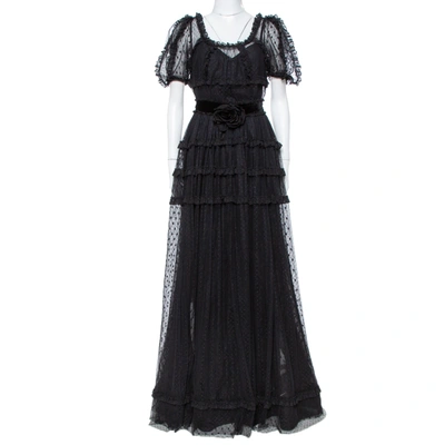 Pre-owned Dolce & Gabbana Black Tulle Ruffle Lace Detail Flared Maxi Dress S