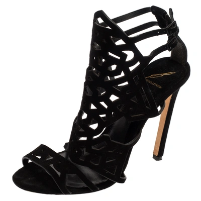 Pre-owned Brian Atwood Black Suede Laplata Laser Cut Sandals Size 41
