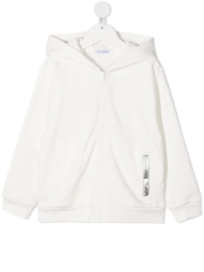 Shop Dolce & Gabbana Zipped Hoodie With Logo Patch In White