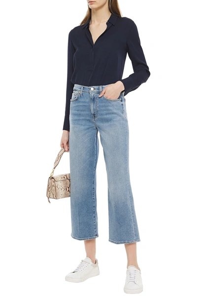 Shop 7 For All Mankind Alexa Cropped Faded High-rise Wide-leg Jeans In Mid Denim