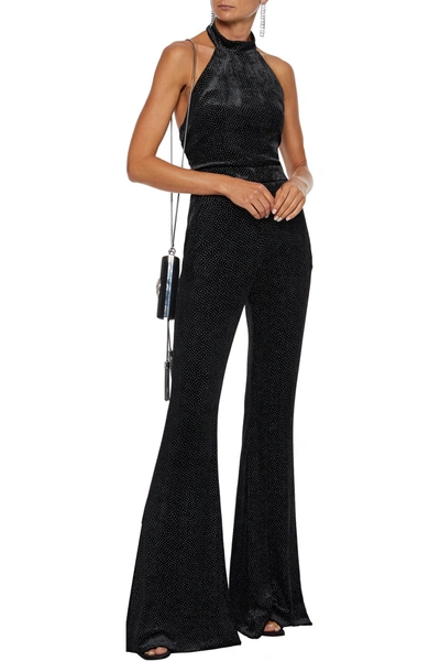 Shop Balmain Flared Glittered Velour Halterneck Jumpsuit In Black