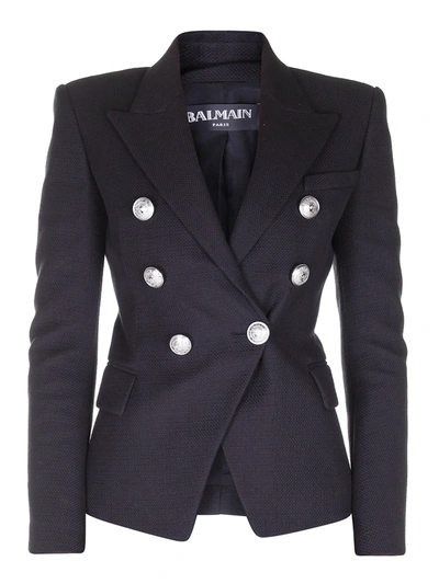 Shop Balmain Cotton Natte Double-breasted Blazer In Black