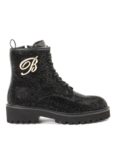 Shop Blumarine Rhinestone Black Leather Ankle Boots