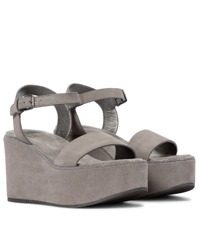 Shop Brunello Cucinelli Suede Platform Wedge Sandals In Grey