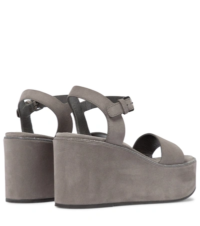 Shop Brunello Cucinelli Suede Platform Wedge Sandals In Grey