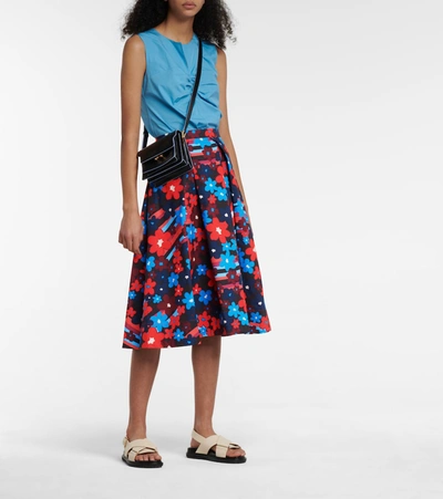 Shop Marni Floral Cotton Midi Skirt In Blue