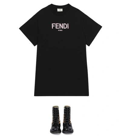 Shop Fendi Logo Cotton T-shirt Dress In Black