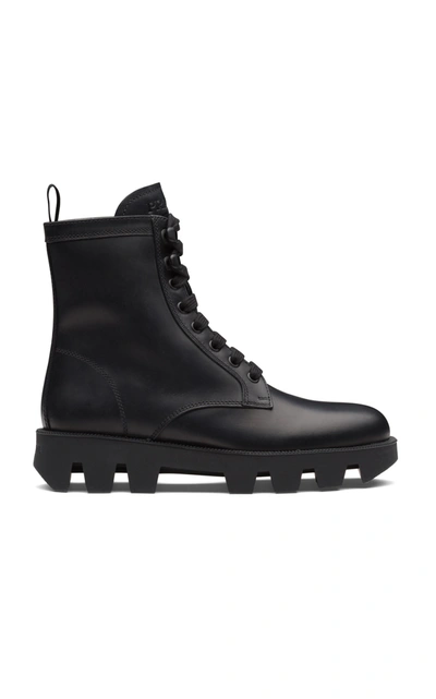 Shop Prada Women's Leather Lug-sole Boots In Black