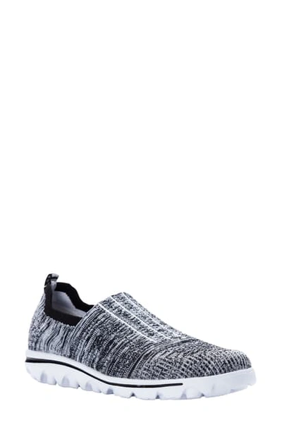 Shop Propét Travelactiv Stretch Slip-on Sneaker In Black/ Grey Fabric
