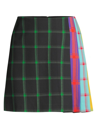 Shop Alice And Olivia Women's Semira Multicolor Side-pleat Plaid Mini A-line Skirt In Plaid Black Emerald Combo