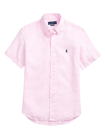 Shop Polo Ralph Lauren Classic-fit Linen Short-sleeve Shirt In Carmel Pink