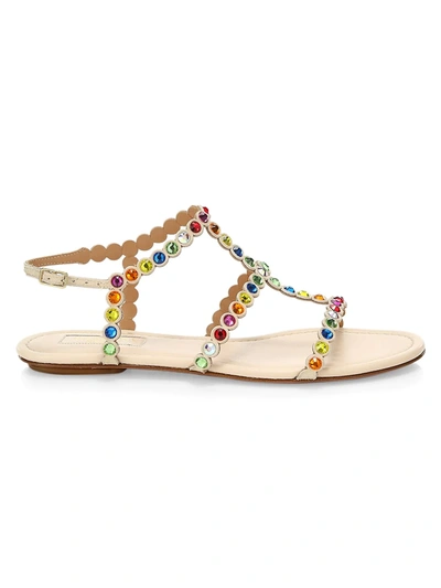 Shop Aquazzura Women's Tequila Rainbow Crystal-embellished Leather Flat Sandals In Cream