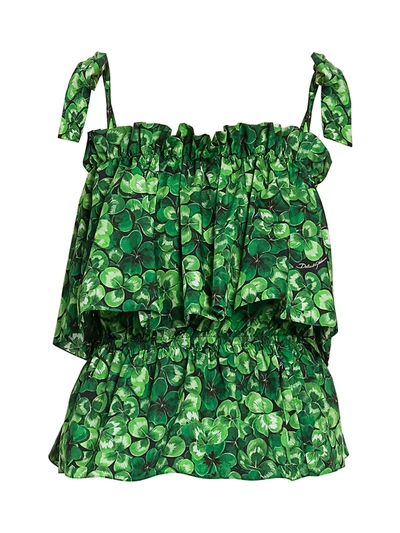 Shop Dolce & Gabbana Poplin Clover-print Tie-shoulder Tiered Ruffle Top In Green