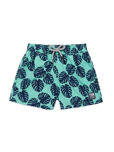 Shop Tom & Teddy Little Boy's & Boy's Leaf-print Swim Shorts In Aqua Navy