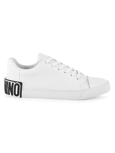 Shop Moschino Logo Leather Sneakers In Bianco