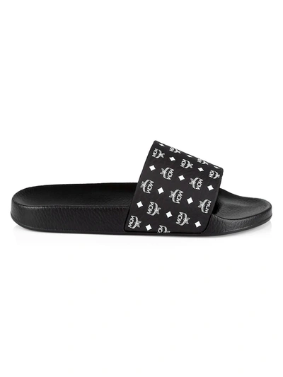 Shop Mcm Men's Logo Leather Pool Slide Sandals In Black
