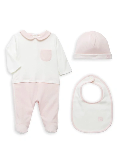Shop Fendi Baby Girl's 3-piece Footie, Hat, & Bib Set In Pink