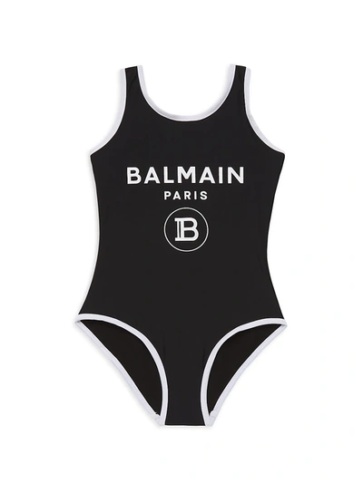 Shop Balmain Little Girl's & Girl's Logo One-piece Swimsuit In Black White