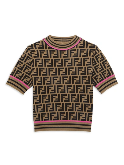 Shop Fendi Girl's Allover Logo Short-sleeve Sweater In Brown