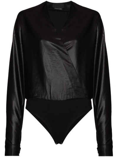 Shop Rta Faux-leather V-neck Bodysuit In Black