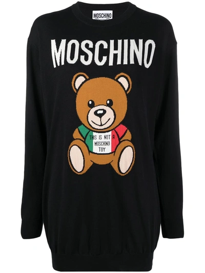 Shop Moschino Logo-print Bear-motif Sweater Dress In Black