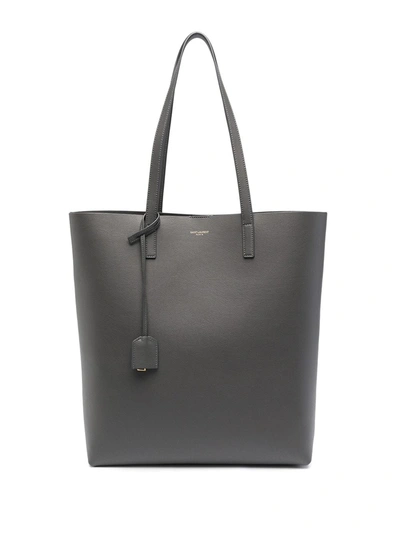 Shop Saint Laurent Logo-stamp Leather Tote Bag In Grey