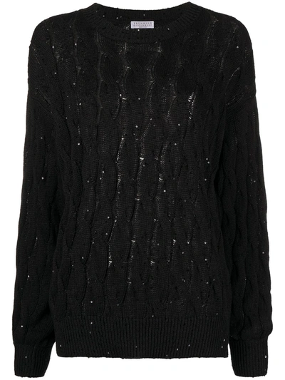 Shop Brunello Cucinelli Sequin-embellished Cable-knit Jumper In Black