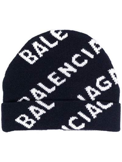 Shop Balenciaga Allover Logo Wool Beanie In Blue