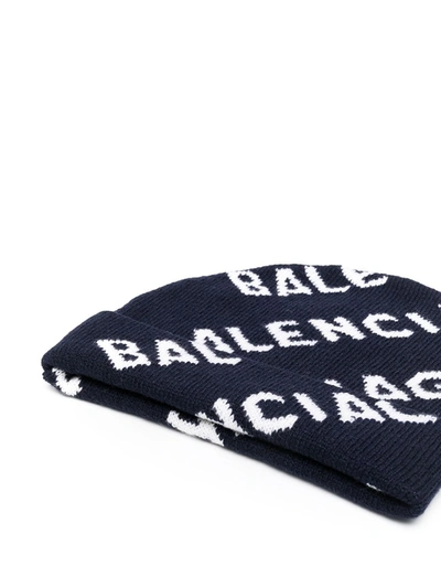 Shop Balenciaga Allover Logo Wool Beanie In Blue