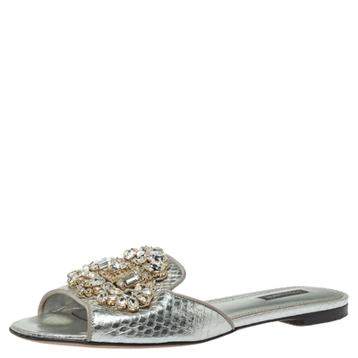 Pre-owned Dolce & Gabbana Silver Crystal Embellished Snakeskin Embossed Leather Bianca Flat Slides Size39