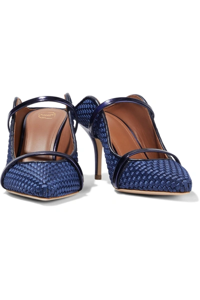 Shop Malone Souliers Maureen Patent Leather-trimmed Basketweave Satin Mules In Navy