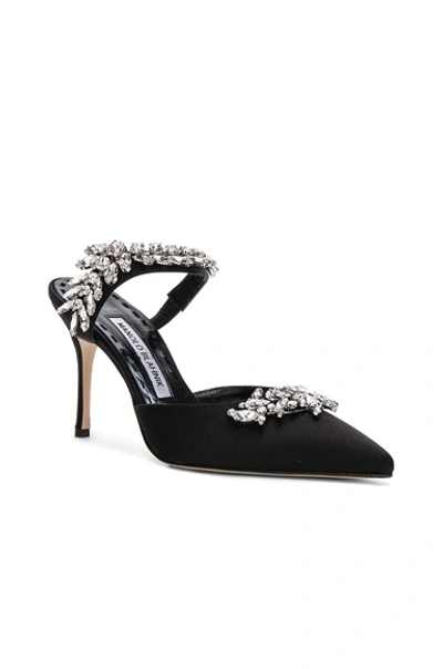 Manolo Blahnik Lurum Crystal-embellished Mules In Black Satin