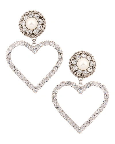 Shop Alessandra Rich Crystal Heart Earrings With Pearl Clip In Silver