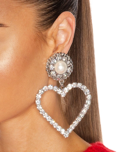 Shop Alessandra Rich Crystal Heart Earrings With Pearl Clip In Silver