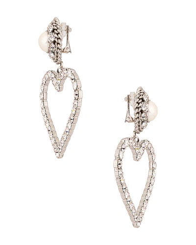 Shop Alessandra Rich Crystal Heart Earrings With Pearl Clip In Silver